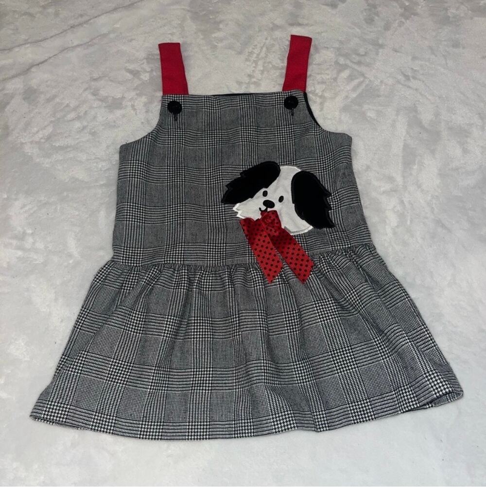 Vintage 90s Black & White Plaid Jumper Dress with Dog Applique - Size 4T